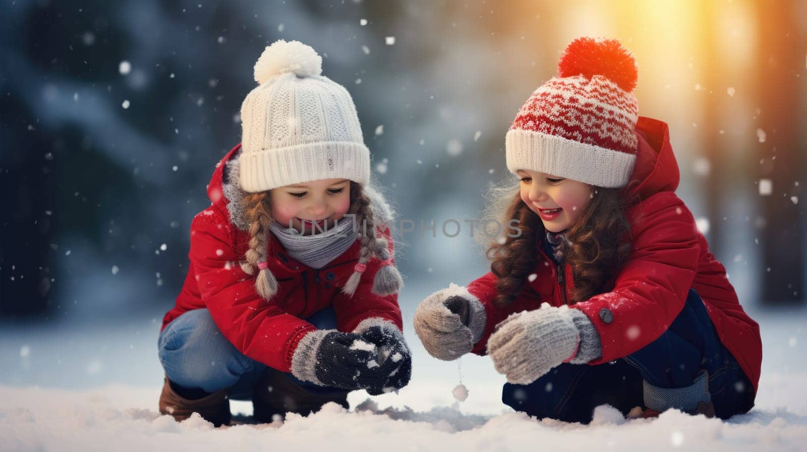 Kids building snow man playing outdoors on sunny snowy winter day. Outdoor family fun on Christmas vacation