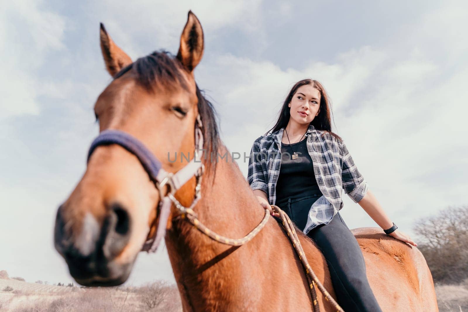 Cute happy young woman with horse. Rider female drives her horse in nature on evening sunset light background. Concept of outdoor riding, sports and recreation.