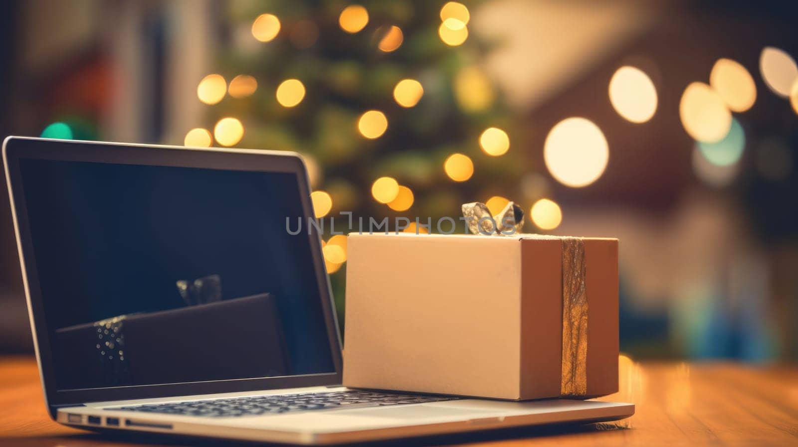 Delivered parcel box on table with laptop blurred home background. Christmas Online shopping. Black Friday sale. by JuliaDorian