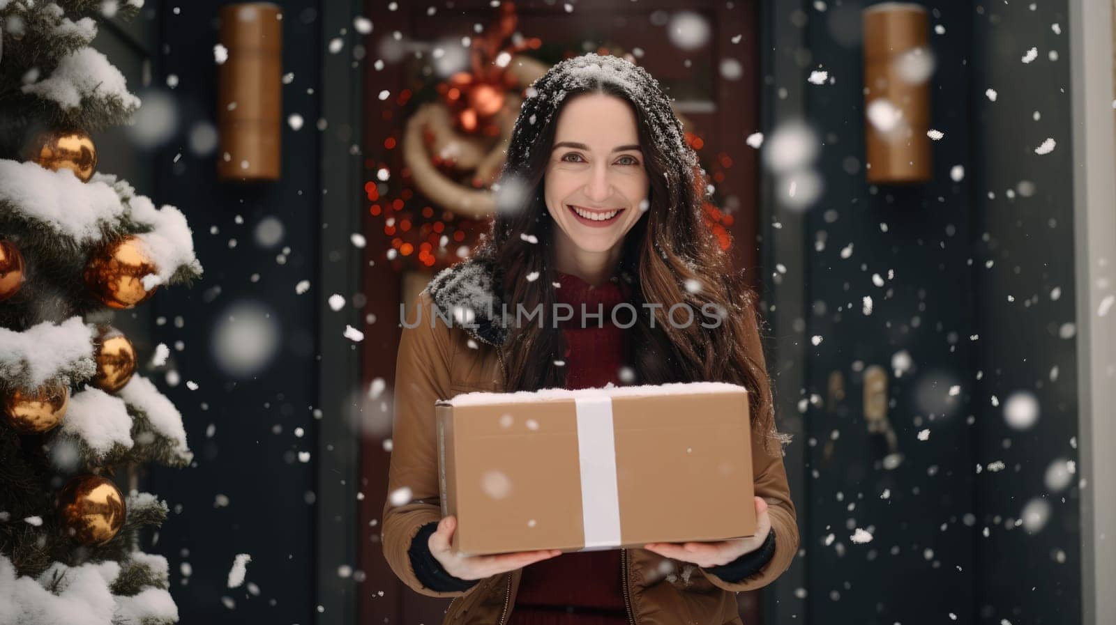 Smiling woman holding parcel box next to front door house entrance. Christmas holidays delivery. Black Friday Online shopping