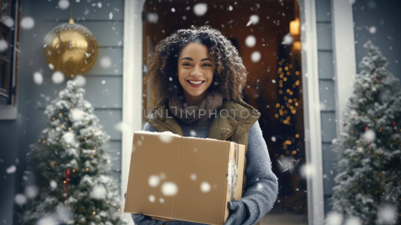 Smiling woman holding parcel box next to front door house entrance. Christmas holidays delivery. Black Friday Online shopping
