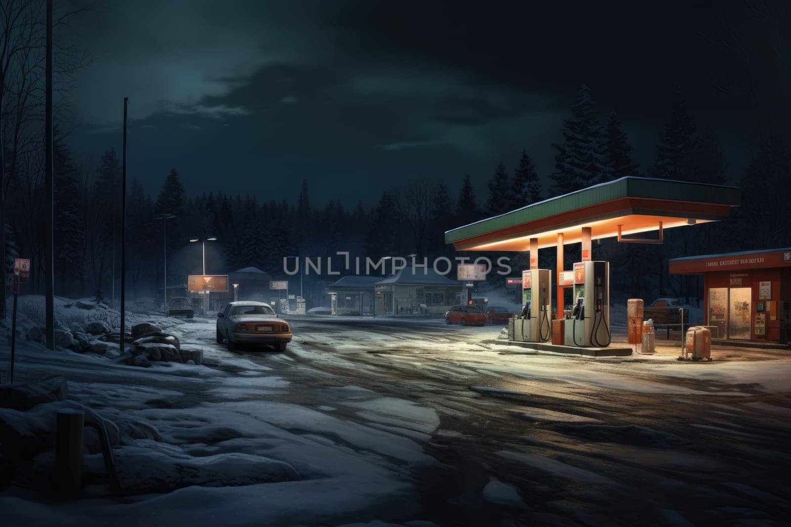 Gas station at night. Renewable power concept. Generative AI by itchaznong