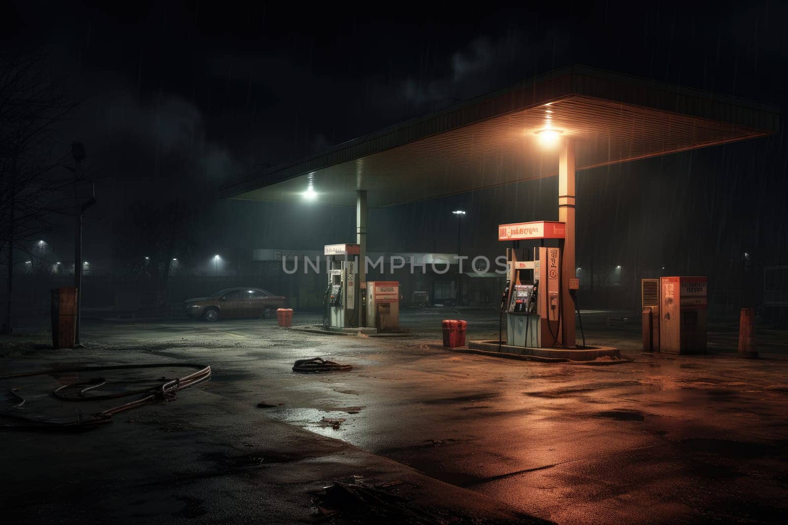 Gas station at night. Renewable power concept. Generative AI by itchaznong