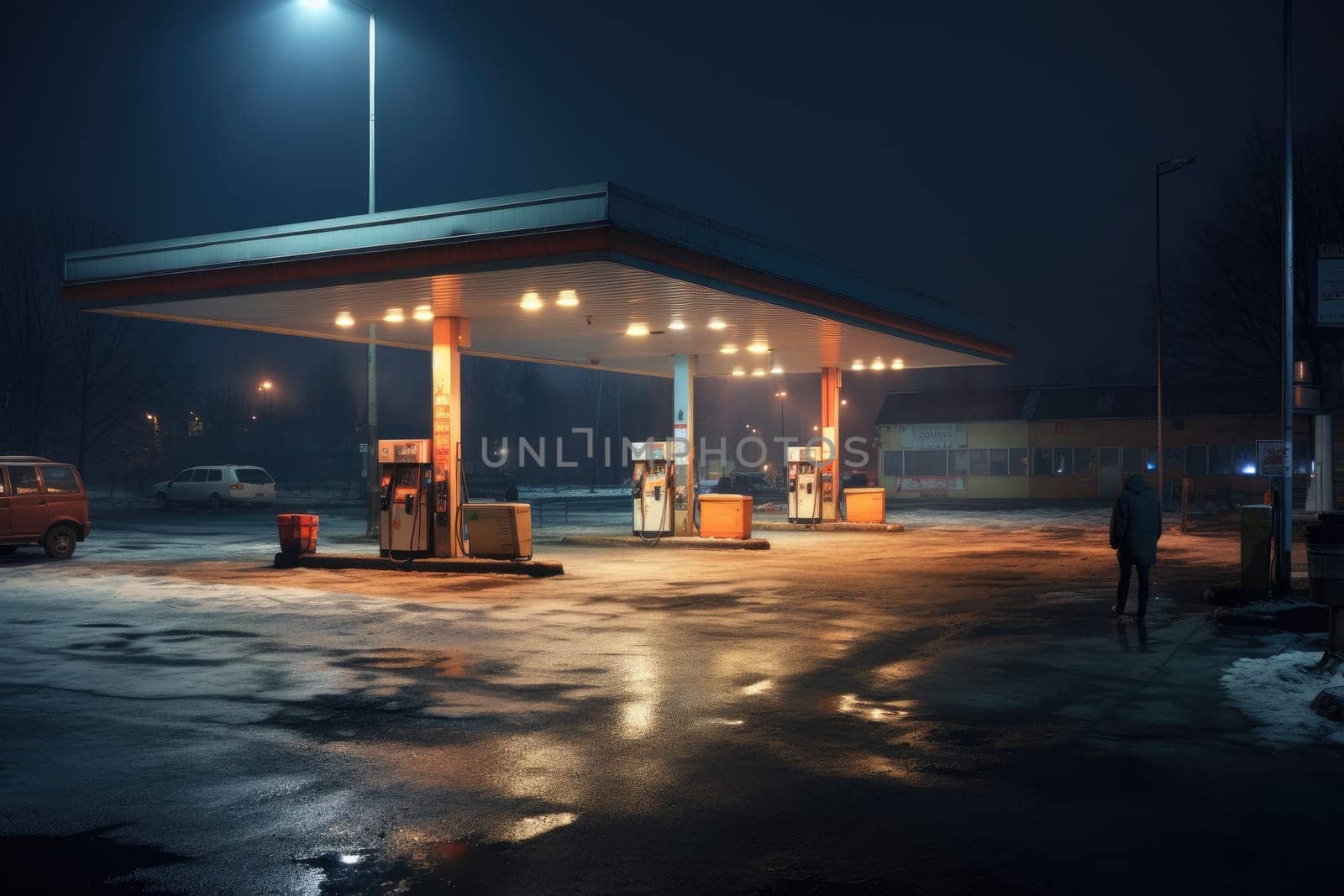 Gas station at night. Renewable power concept. Generative AI by itchaznong