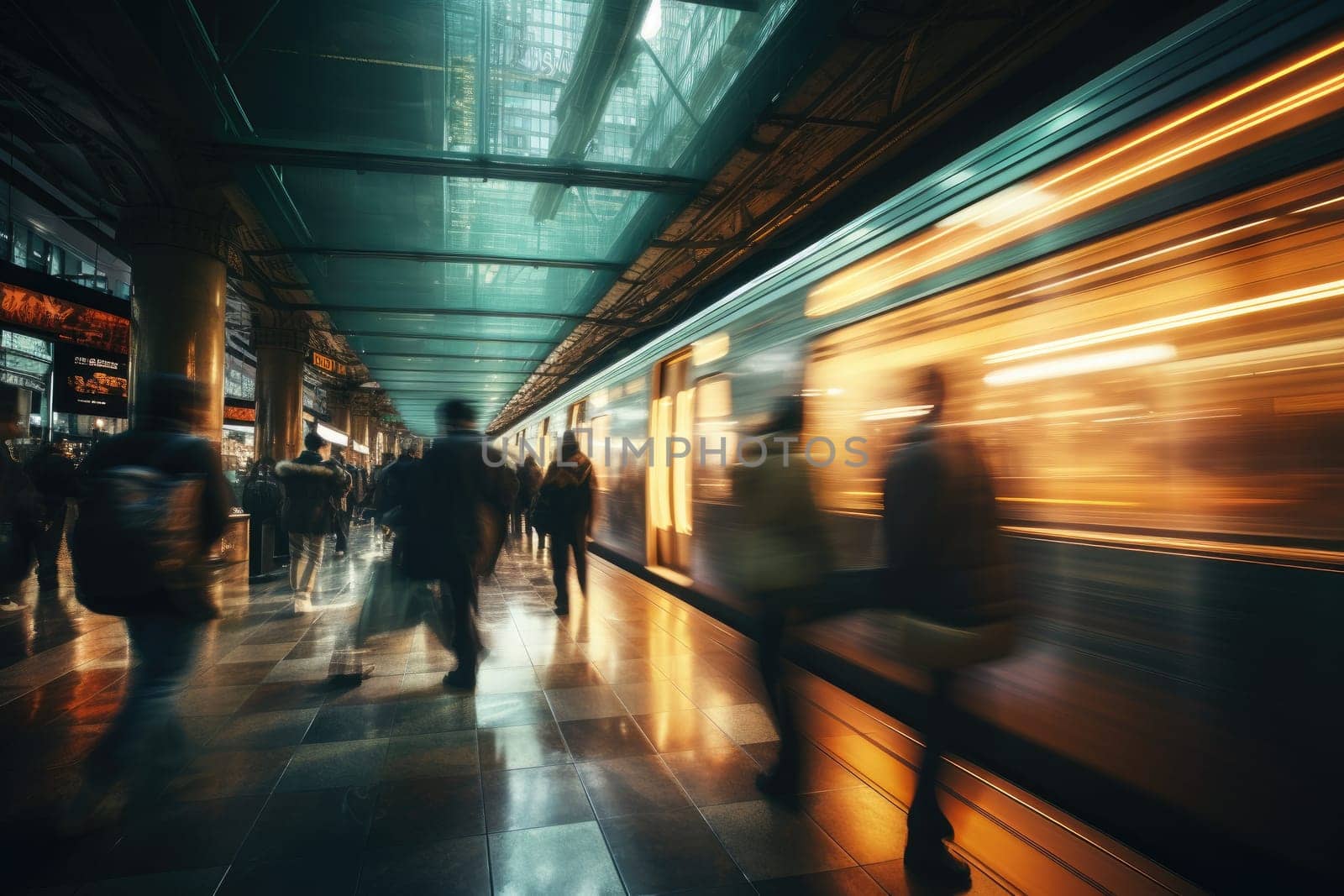 Crowd people in rush hour at subway. Generative AI.