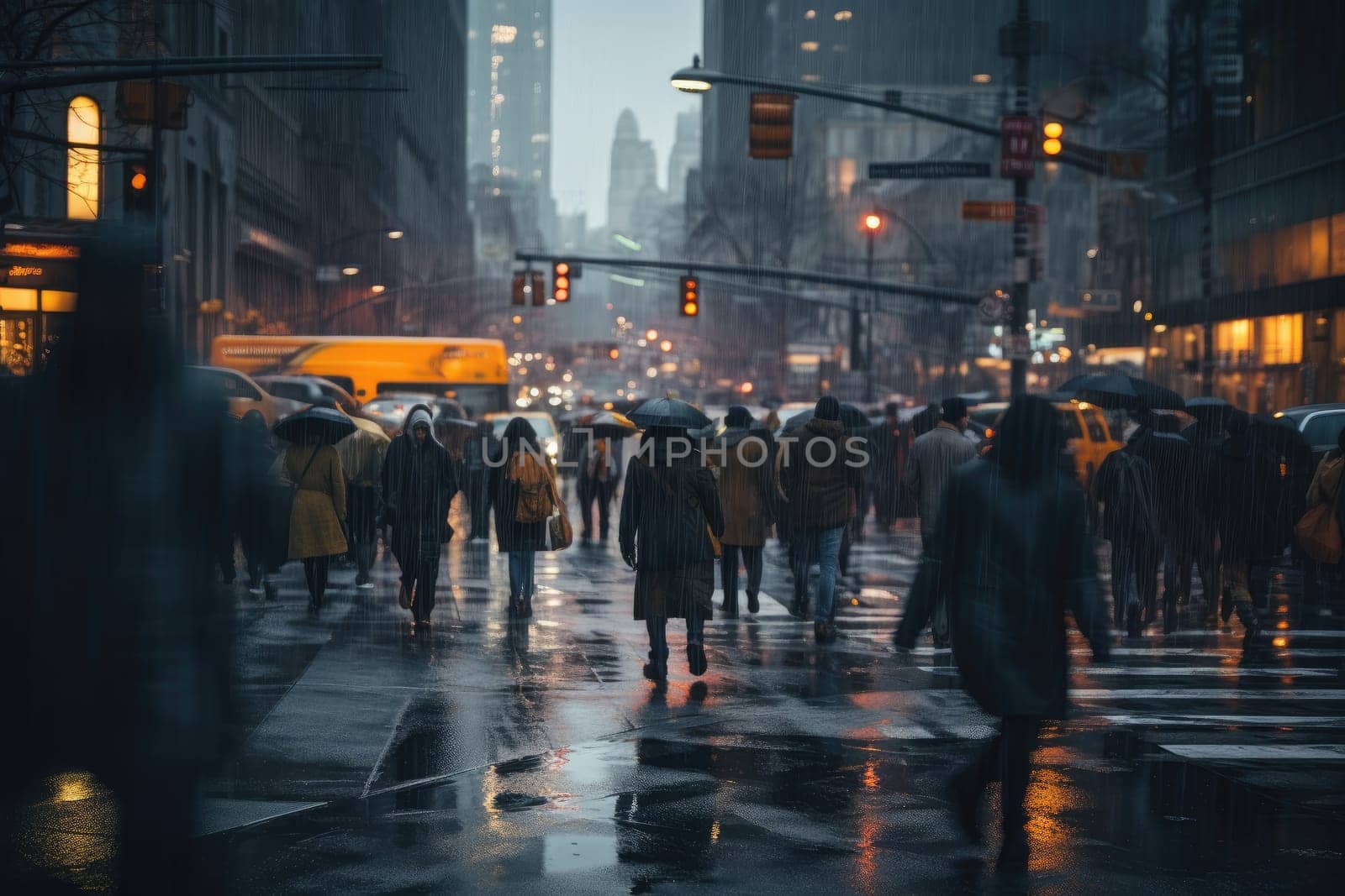 Crowd people in rush hour on a cross street. Generative AI.