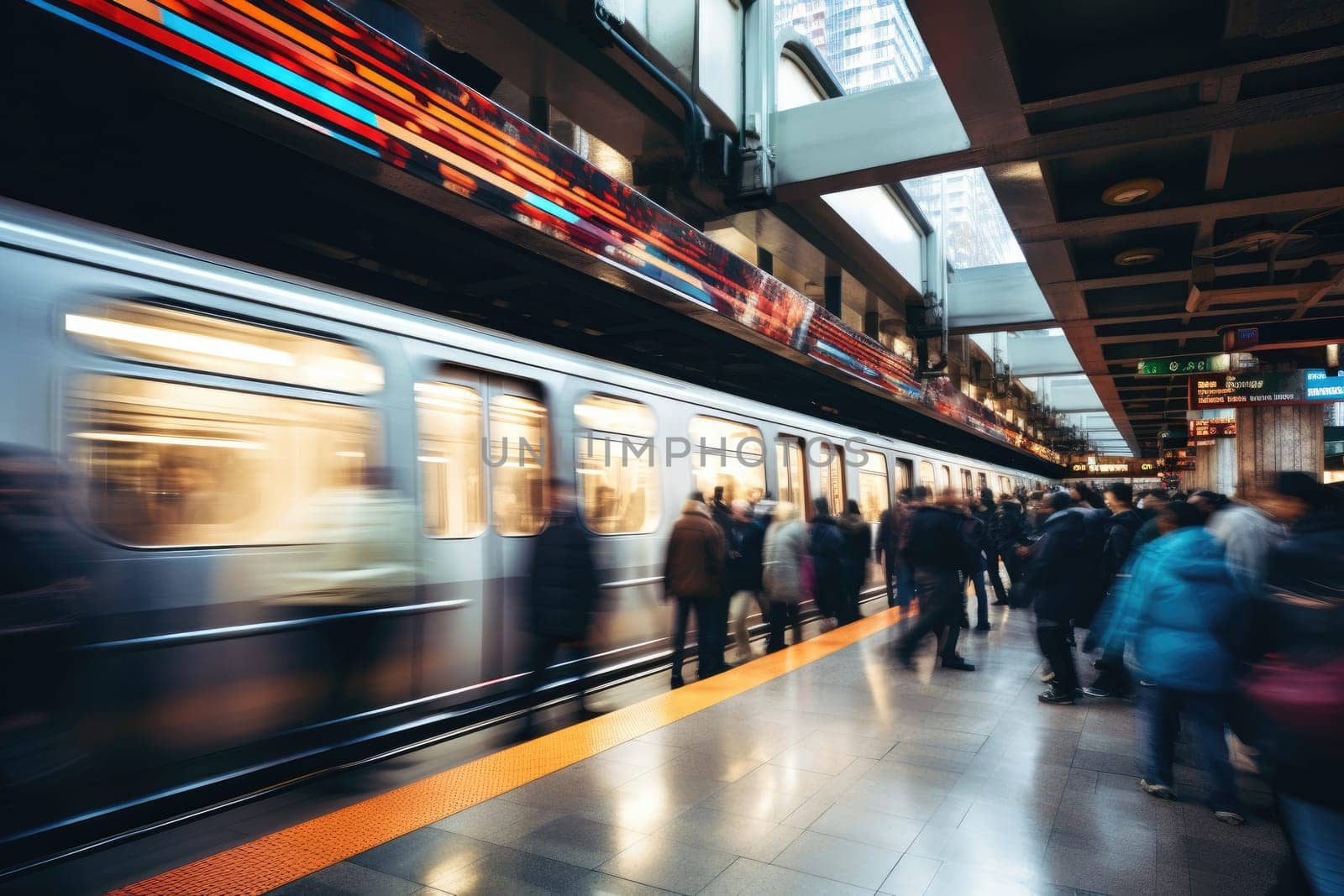 Crowd people in rush hour at subway. Generative AI.