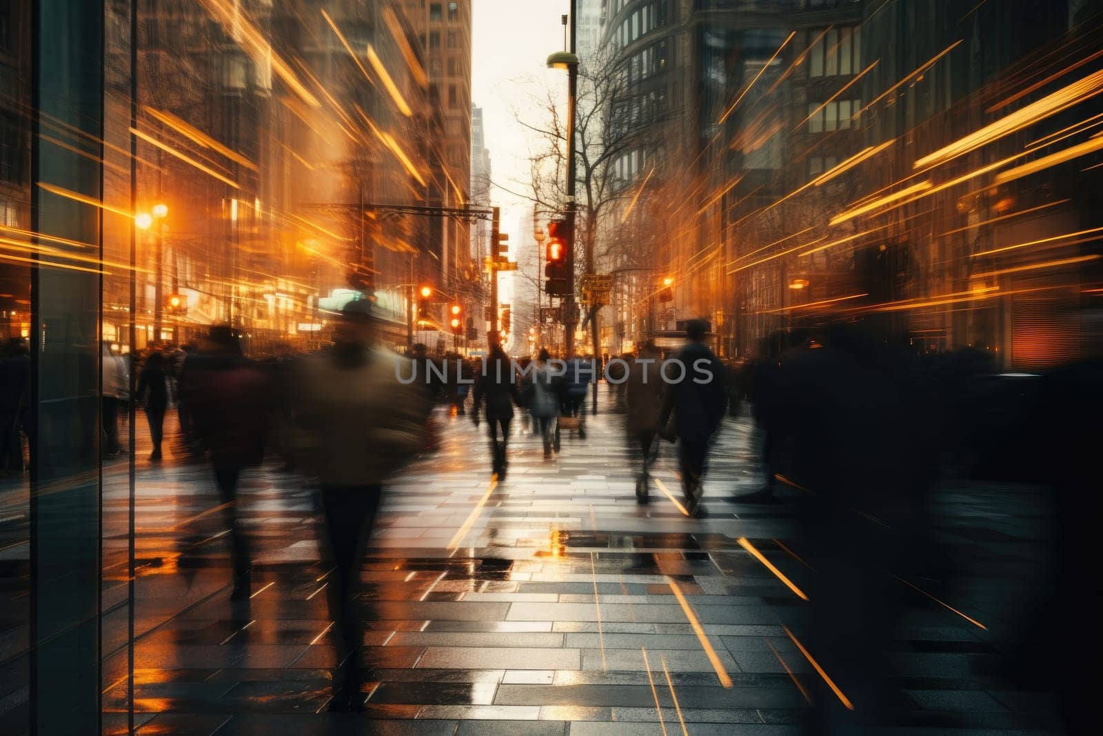 Crowd people in rush hour on a cross street. Generative AI.