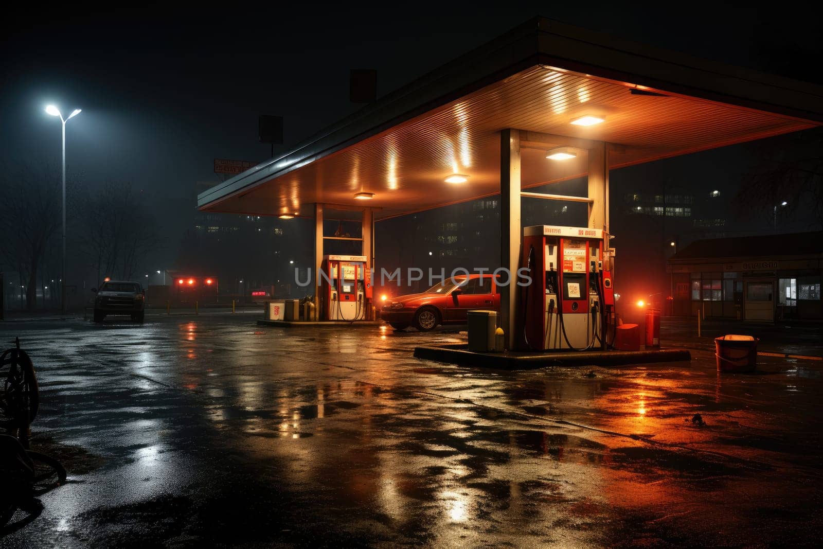 Gas station at night. Renewable power concept. Generative AI.