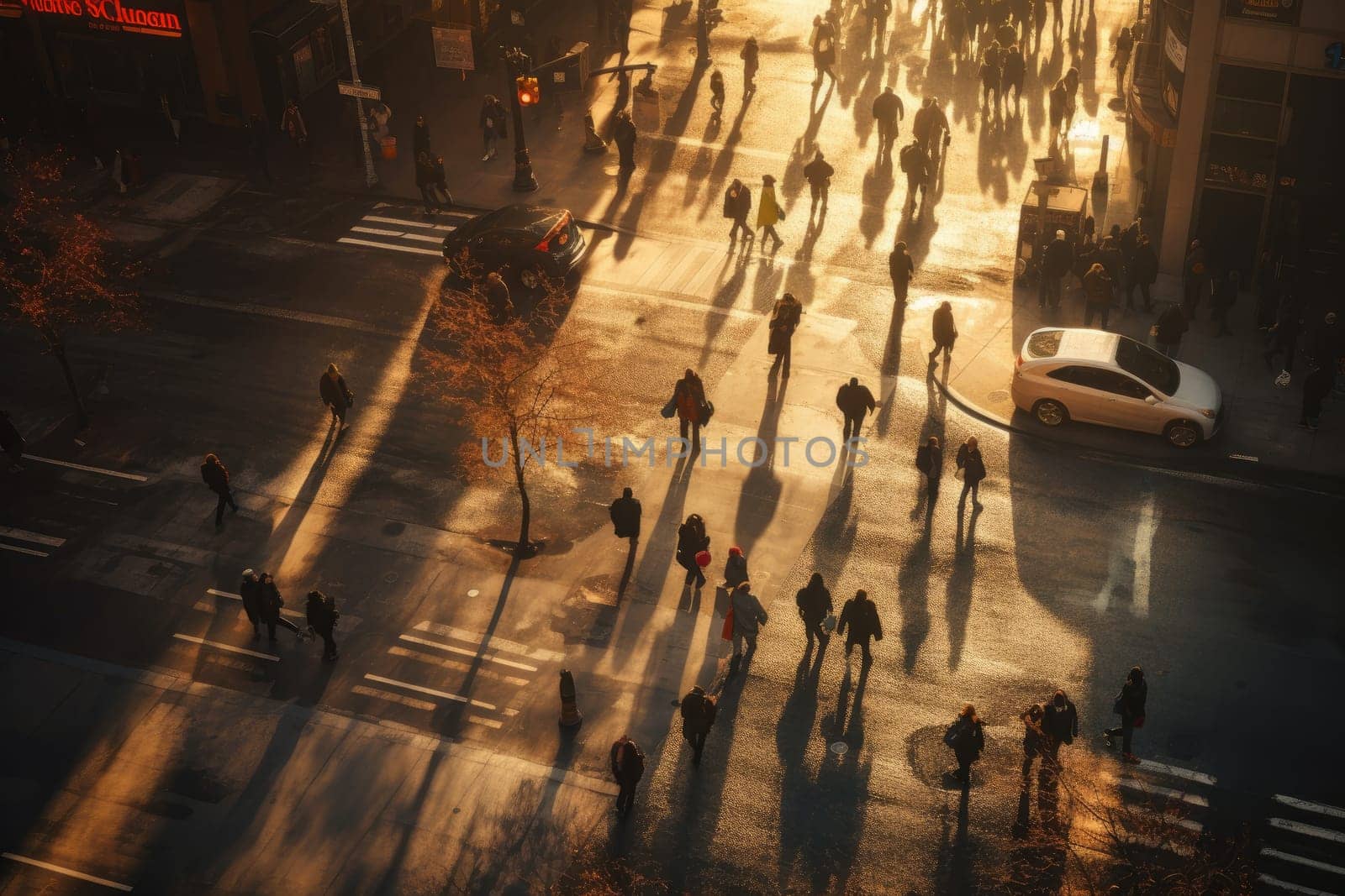 Crowd people in rush hour on a cross street. Generative AI.