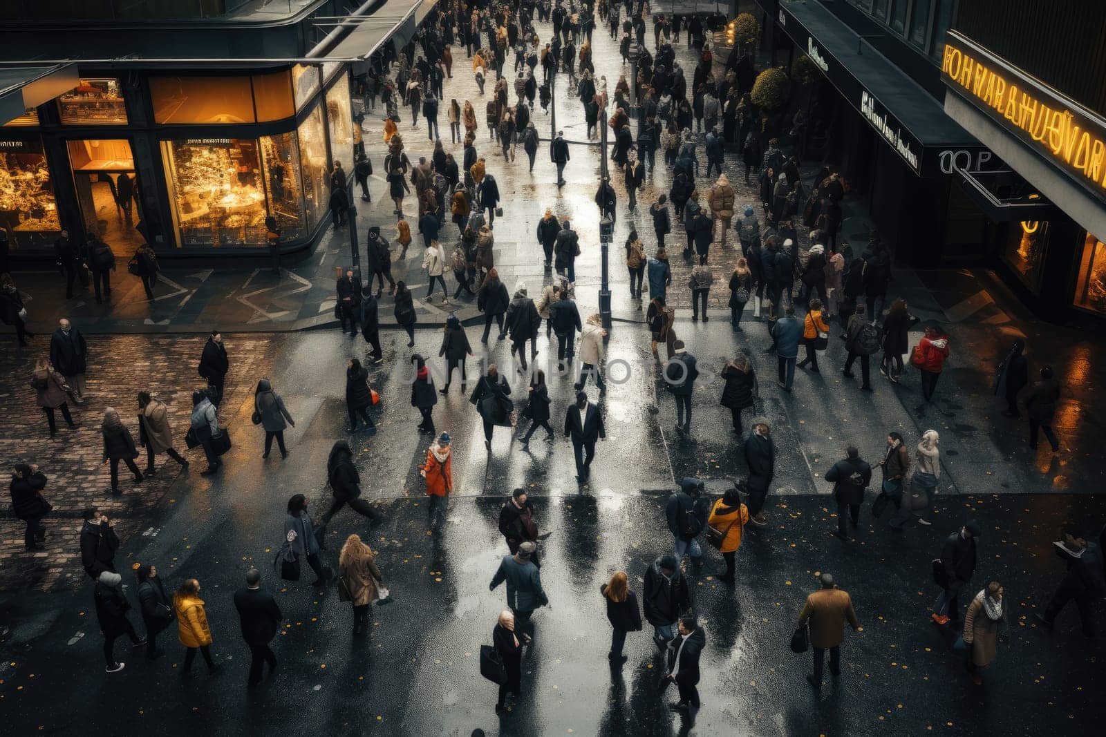 Crowd people in rush hour on a cross street. Generative AI.