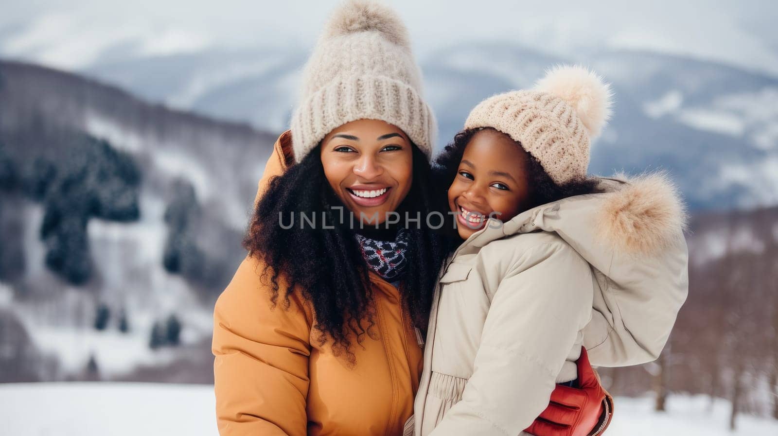 Happy, smiling, afro american family mother with daughter snowy mountains at ski resort, during vacation and winter holidays. Concept of traveling around the world, recreation, winter sports, vacations, tourism in the mountains and unusual places.