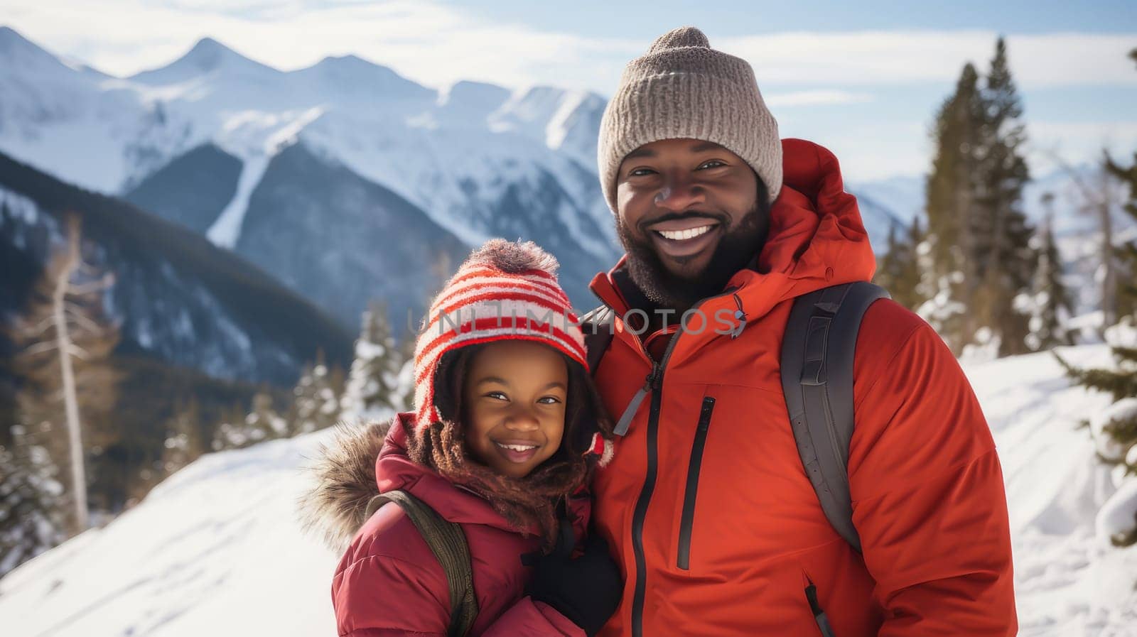 Happy, smiling, afro american family dad with daughter snowy mountains at ski resort, during vacation and winter holidays. by Alla_Yurtayeva