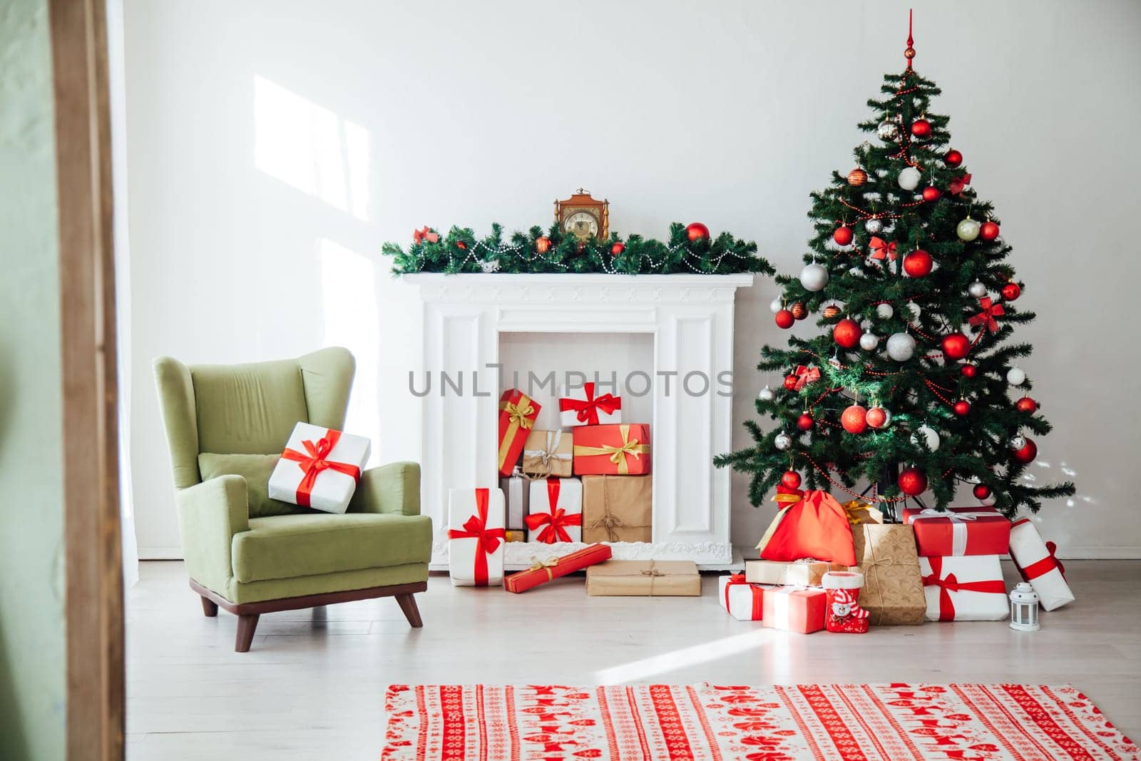 Christmas home interior Christmas tree red gifts new year decor background