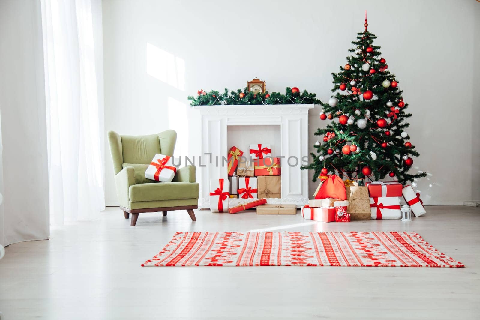 Christmas home interior Christmas tree red gifts new year decor festive background by Simakov