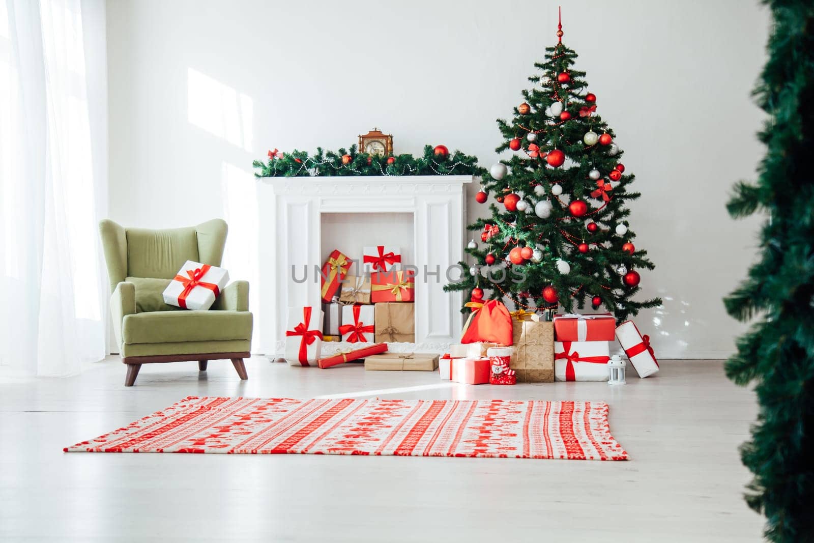 Christmas home interior Christmas tree red gifts new year decor background