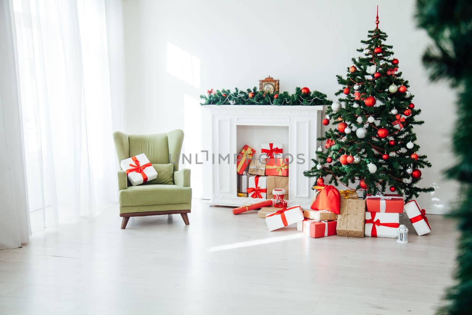 Christmas home interior Christmas tree red gifts new year decor background