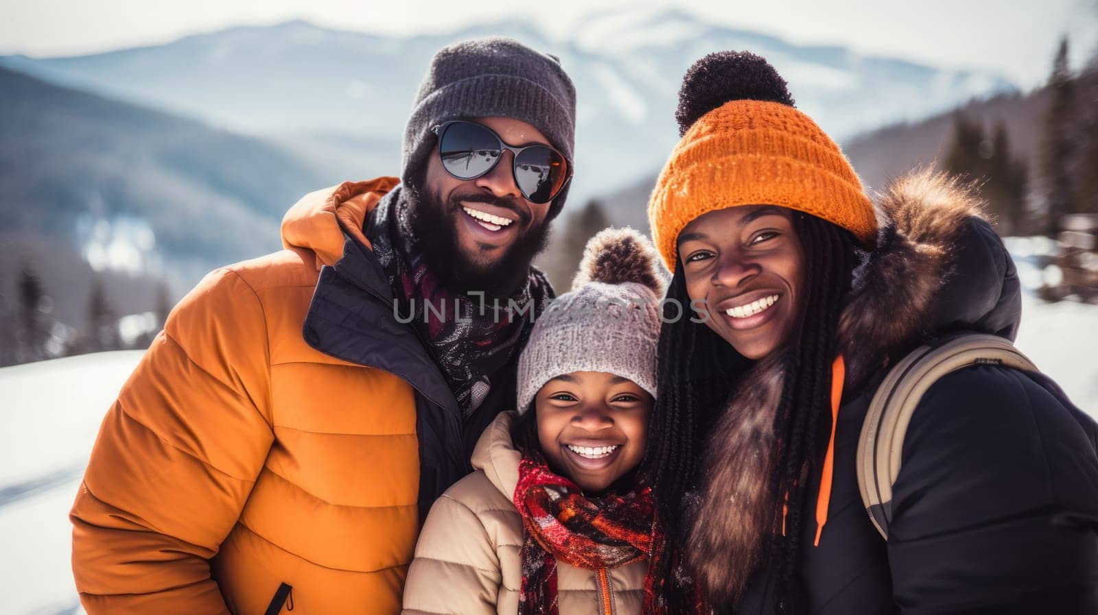 Happy, smiling, African American family against the backdrop of snow-capped mountains at a ski resort, during vacation and winter break. by Alla_Yurtayeva