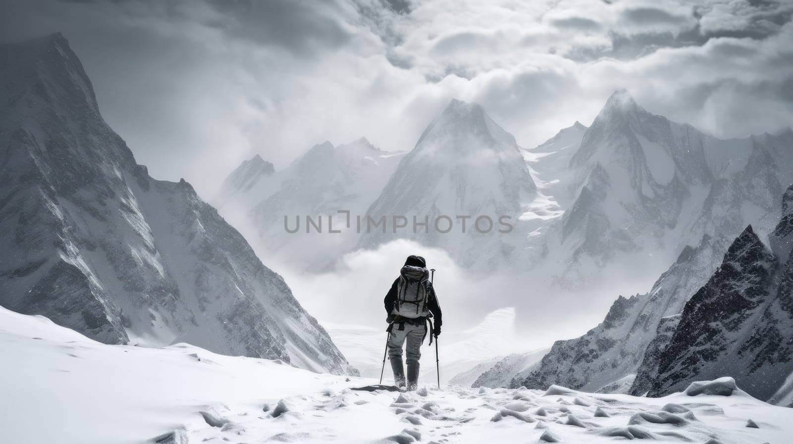 Traveler in the snow-capped mountains Concept of traveling around the world, recreation, winter sports, vacations, tourism in the mountains and unusual places.