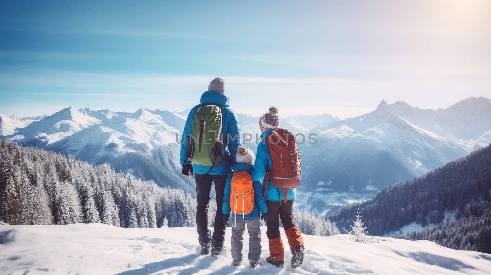 A family of skiers looks at the snow-capped mountains at a ski resort, during vacation and winter holidays. Concept of traveling around the world, recreation, winter sports, vacations, tourism in the mountains and unusual places.