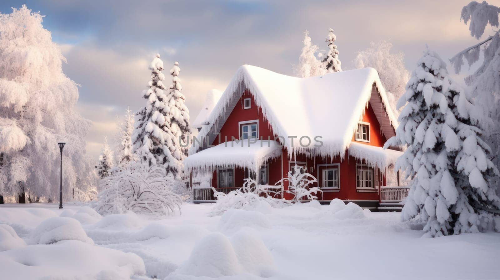 Snow-covered house with beautiful landscape, forest and white snow by Alla_Yurtayeva