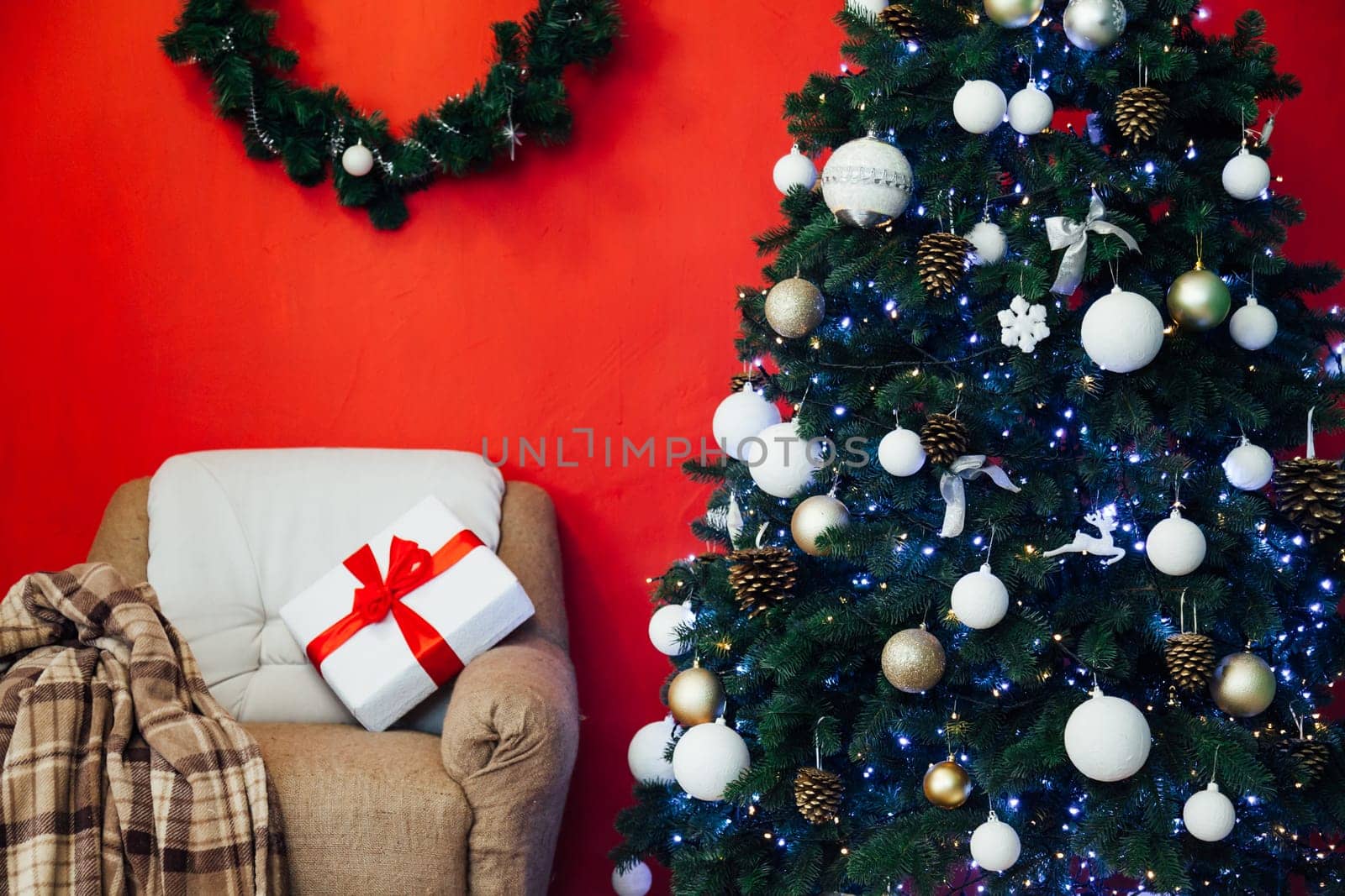 Christmas home interior Christmas tree red gifts new year decor festive background 2020 by Simakov