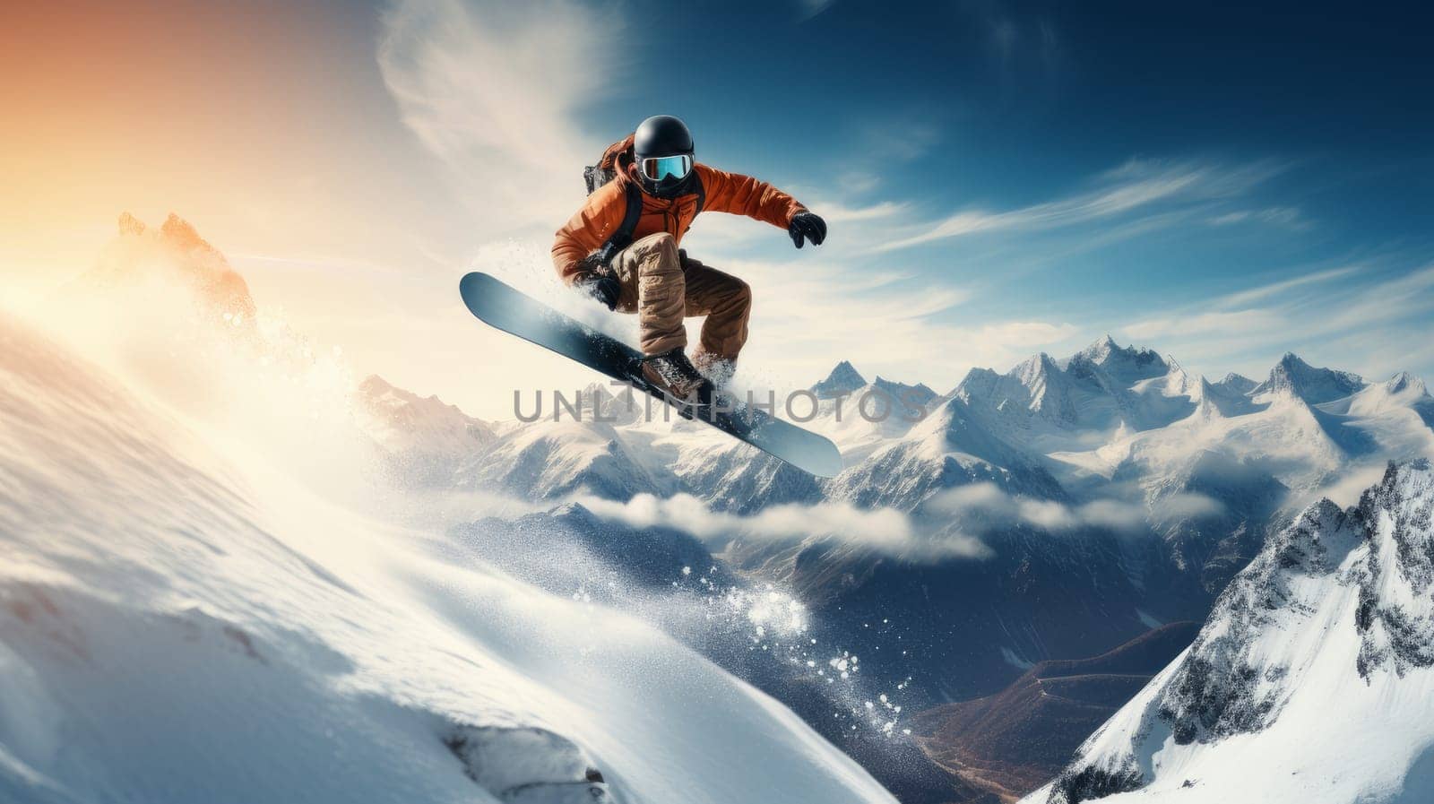 Active, extreme snowboarder jumping at speed at a ski resort, during vacation and winter holidays. Concept of traveling around the world, recreation, winter sports, vacations, tourism in the mountains and unusual places.