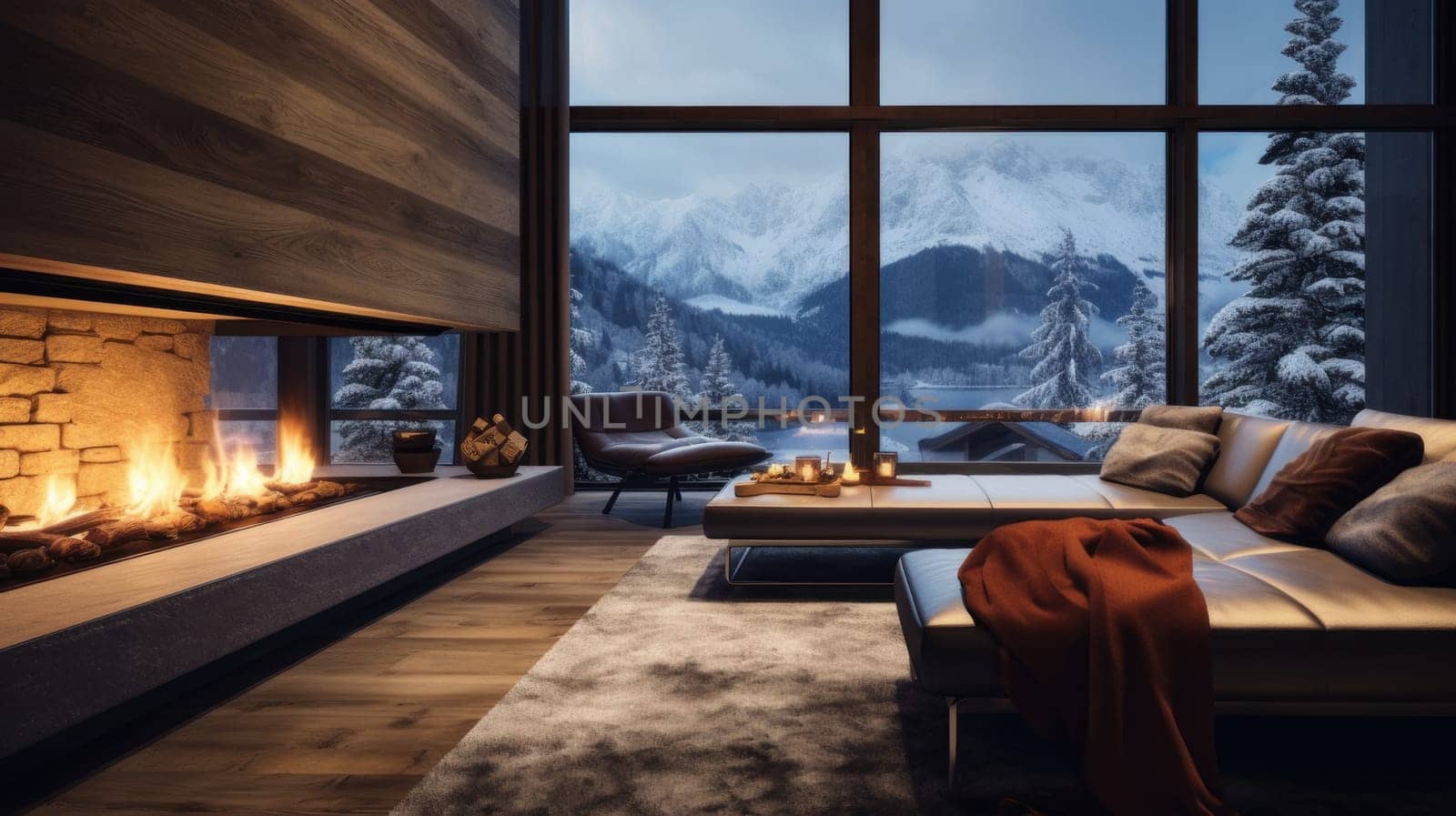 Cozy living room with panoramic window, fireplace with fire and view of winter mountains and forest at a ski resort and luxury hotel, during vacation and winter holidays. by Alla_Yurtayeva