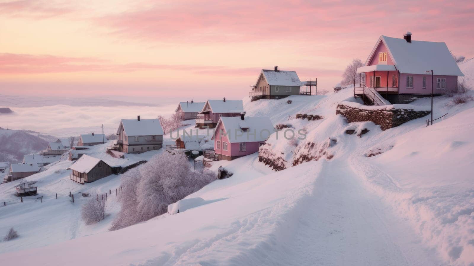 A small cozy, homely house in a village in the distance surrounded by a snow-covered landscape of beautiful nature in the middle of winter in pink sunshine. Concept of traveling around the world, recreation, vacations, tourism in the unusual places.