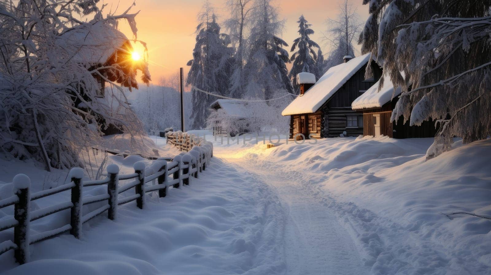 A small, cozy, homely house in a village surrounded by a snow-covered landscape of beautiful nature and winter. Concept of traveling around the world, recreation, winter sports, vacations, tourism in the mountains and unusual places.