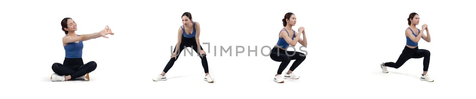 Collection of body workout training with stretching and warming up posture for athletic woman in different various exercise posing sequence in full body studio shot on isolated background. Vigorous