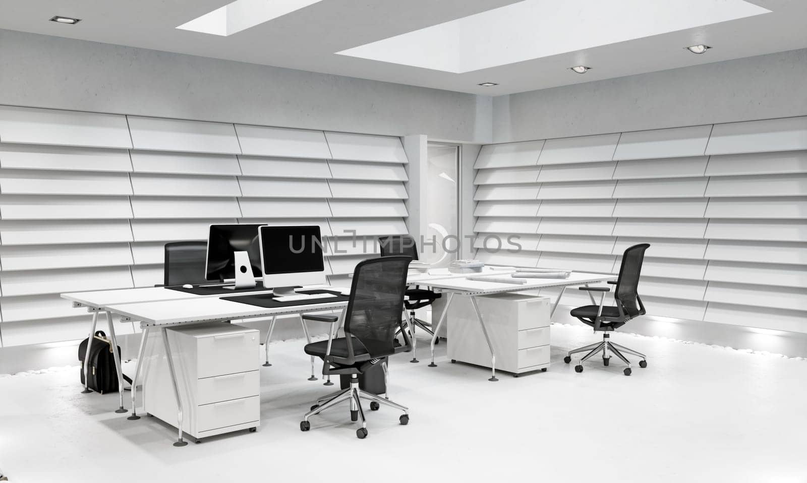 3D interior of bright open office interior space. Render of concept design
