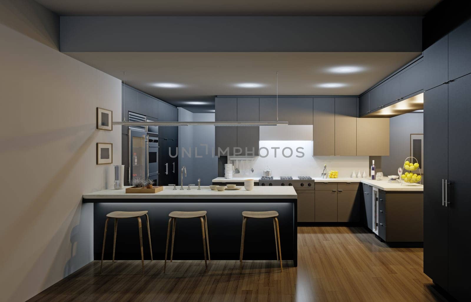 Modern Kitchen Interior Design. 3D Rendering
