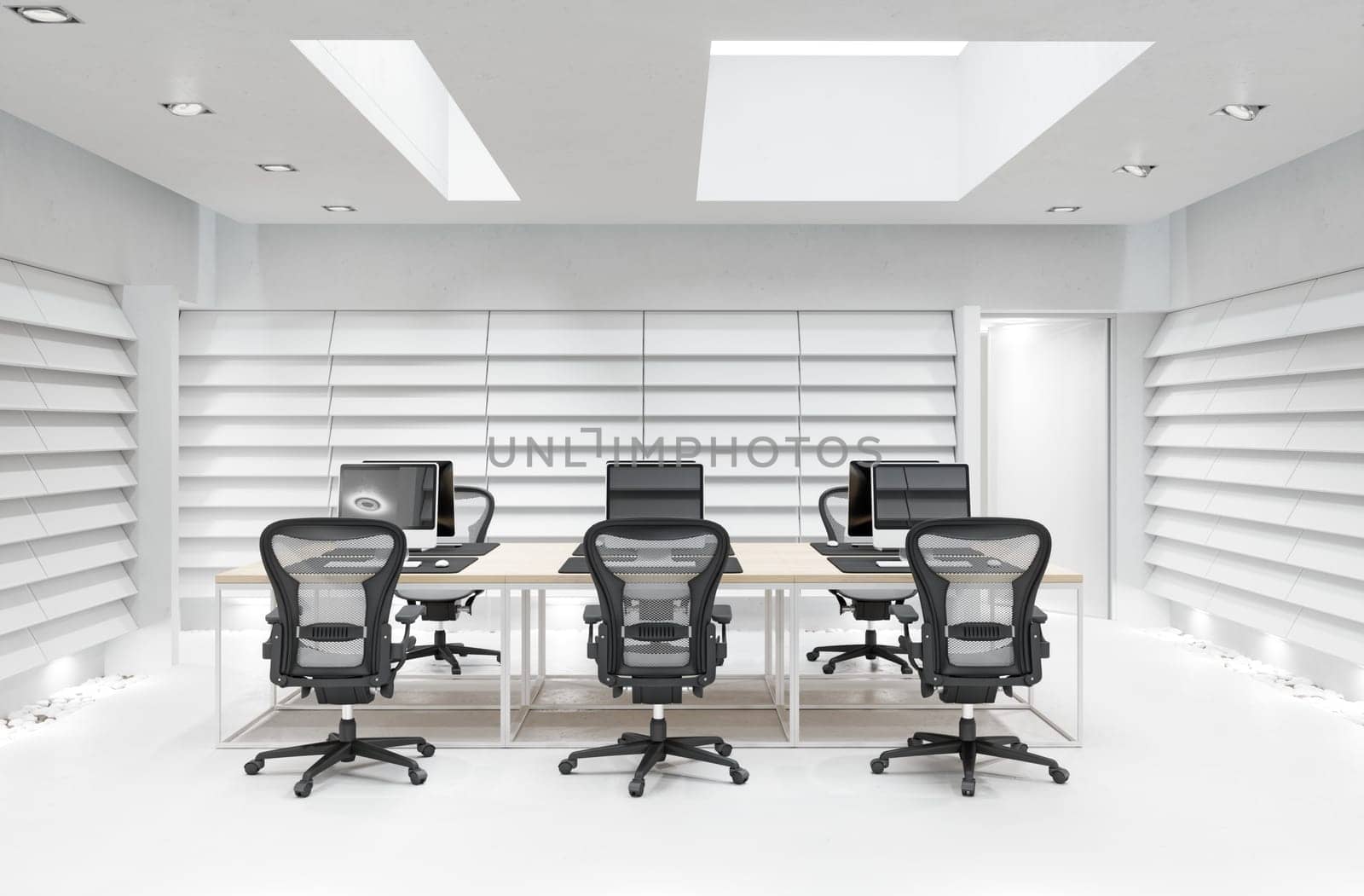3D interior of bright open office interior space. Render of concept design