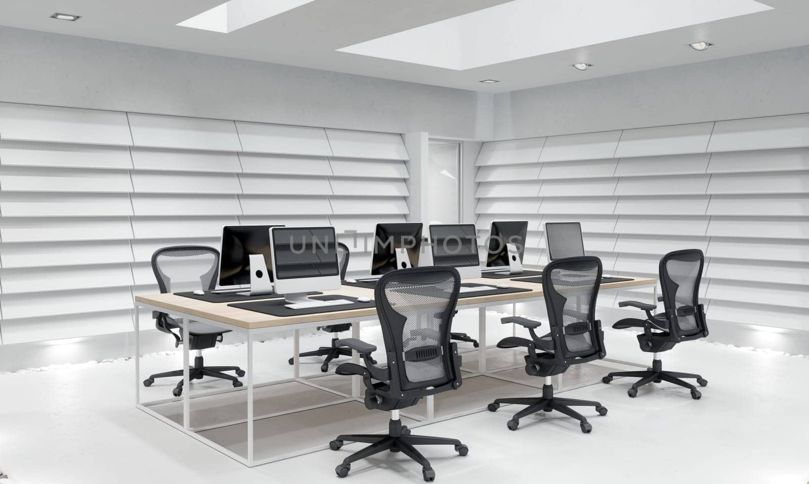 3D interior of bright open office interior space. Render of concept design