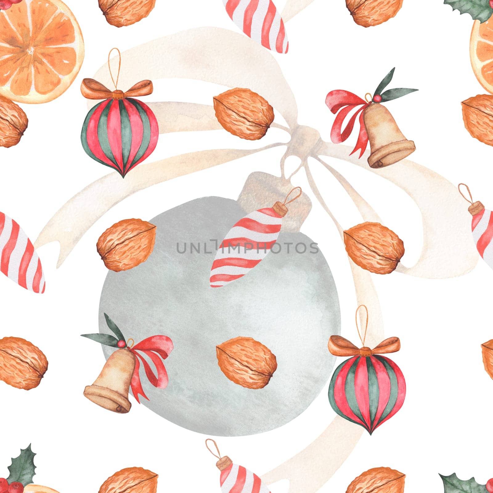 Watercolor seamless Christmas pattern with Christmas tree decorations, walnuts, orange slices, bells and holly. New Year print for printing on home textiles and wrapping paper by TatyanaTrushcheleva