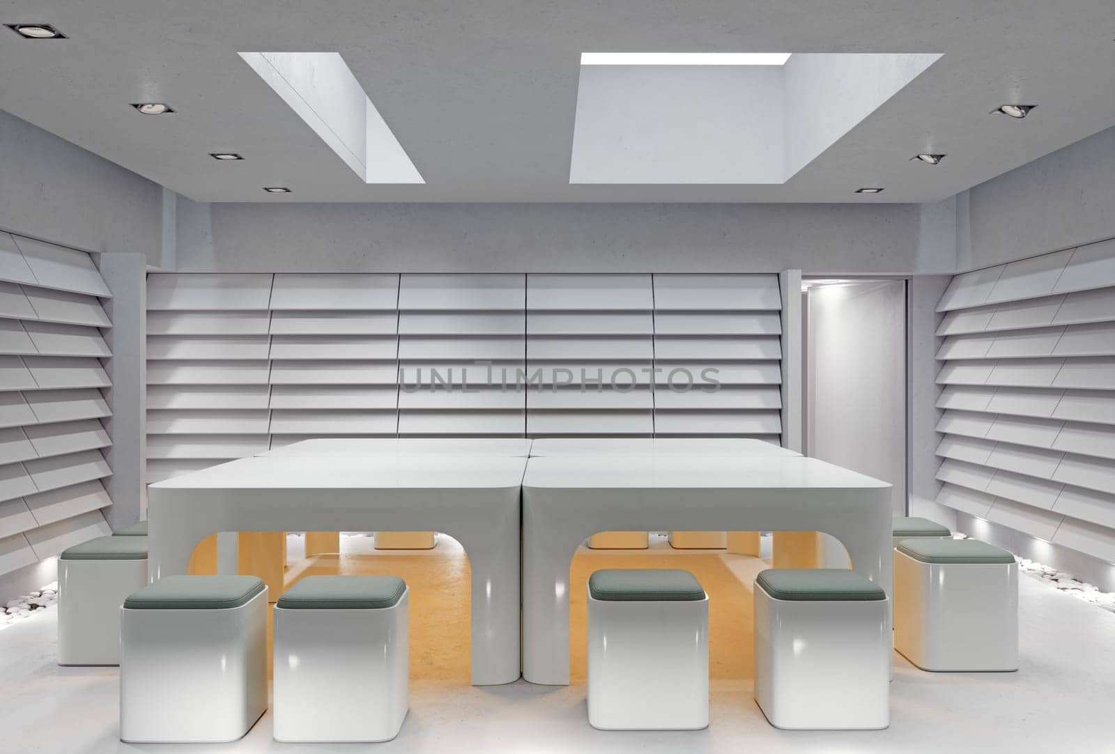 3D interior of bright open office interior space. Render of concept design