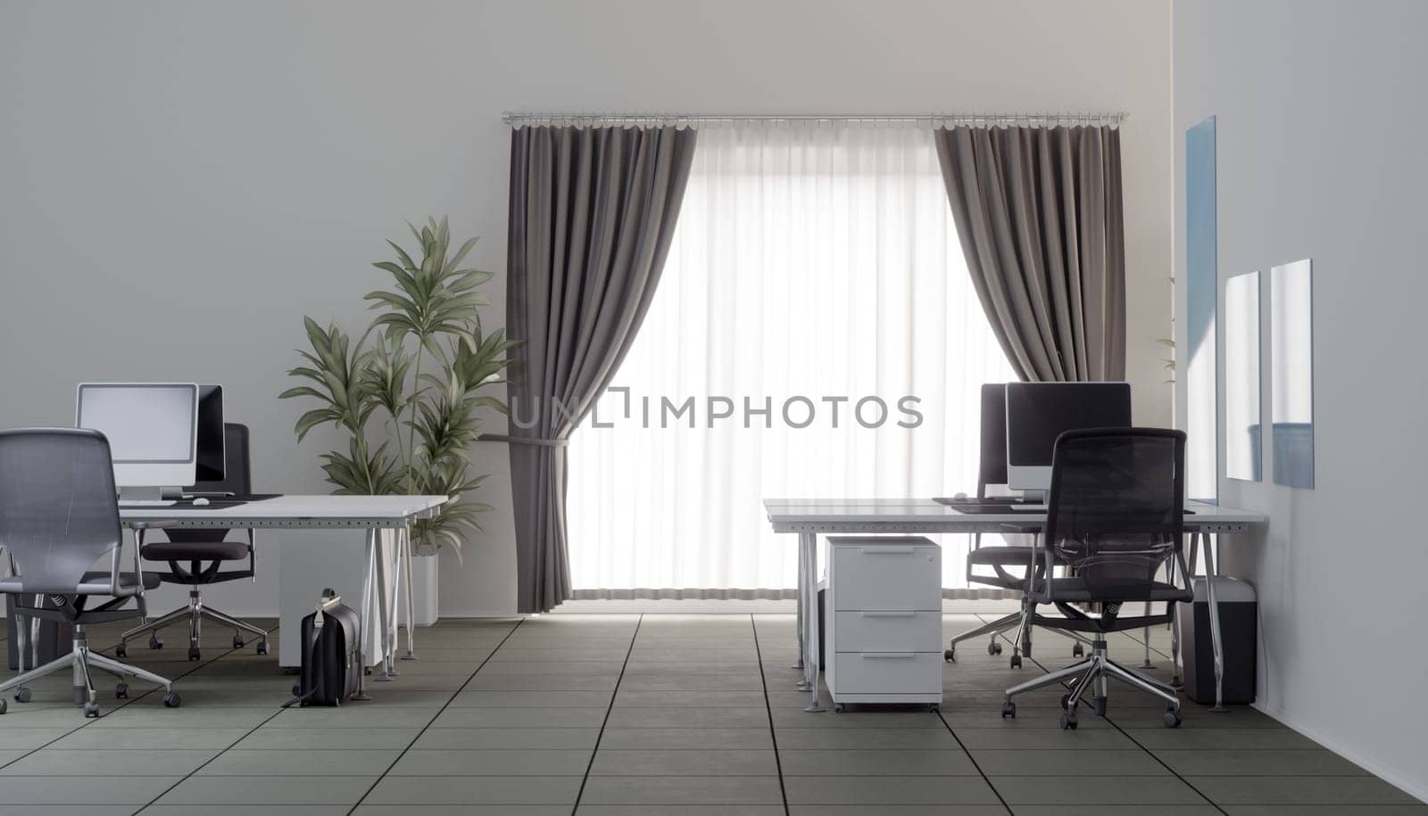 3D interior of bright open office interior space. Render of concept design
