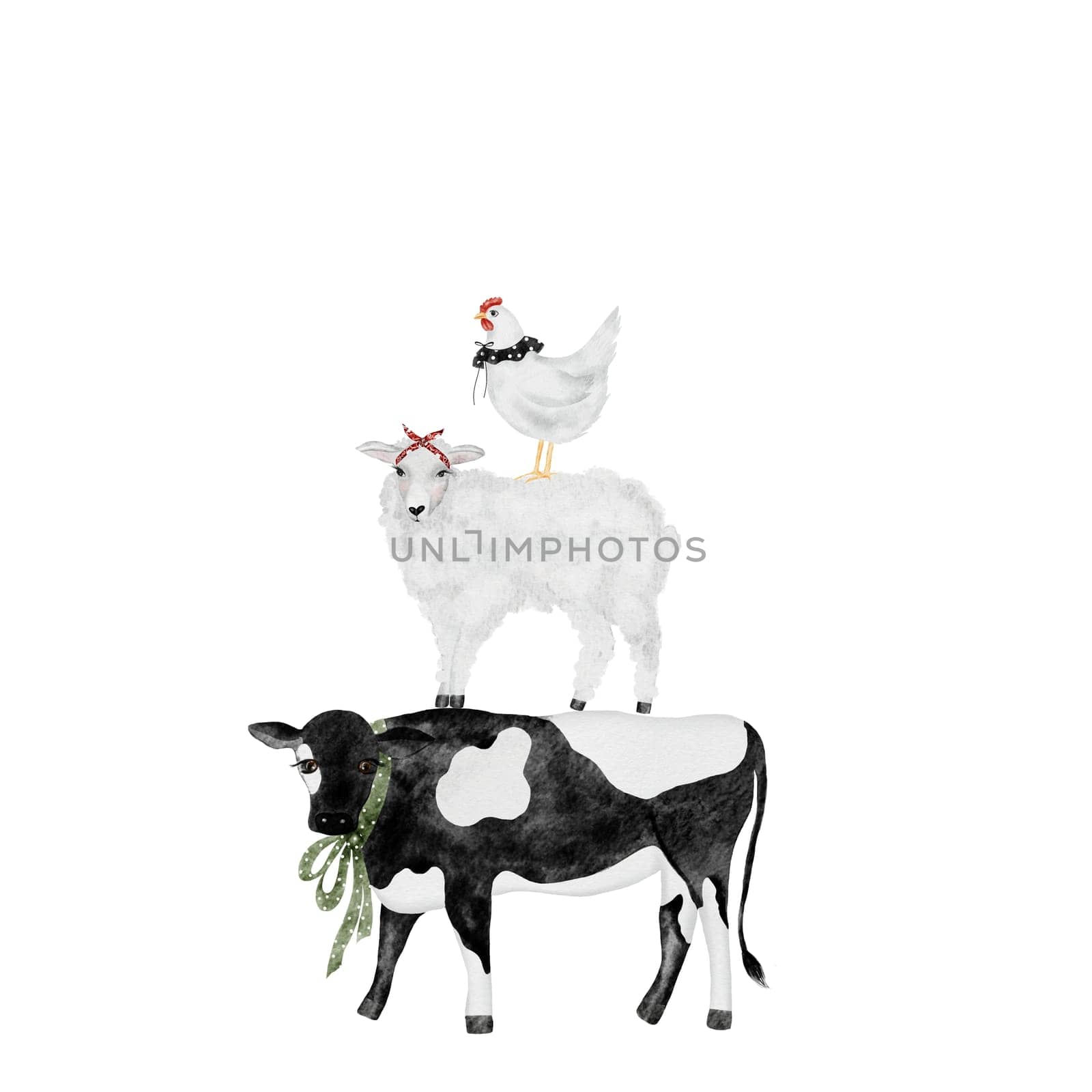 Watercolor illustration of a pyramid of domestic animals. Farm cow, sheep and hen stand on top of each other. Illustration for height gauges and kitchen textiles. by TatyanaTrushcheleva