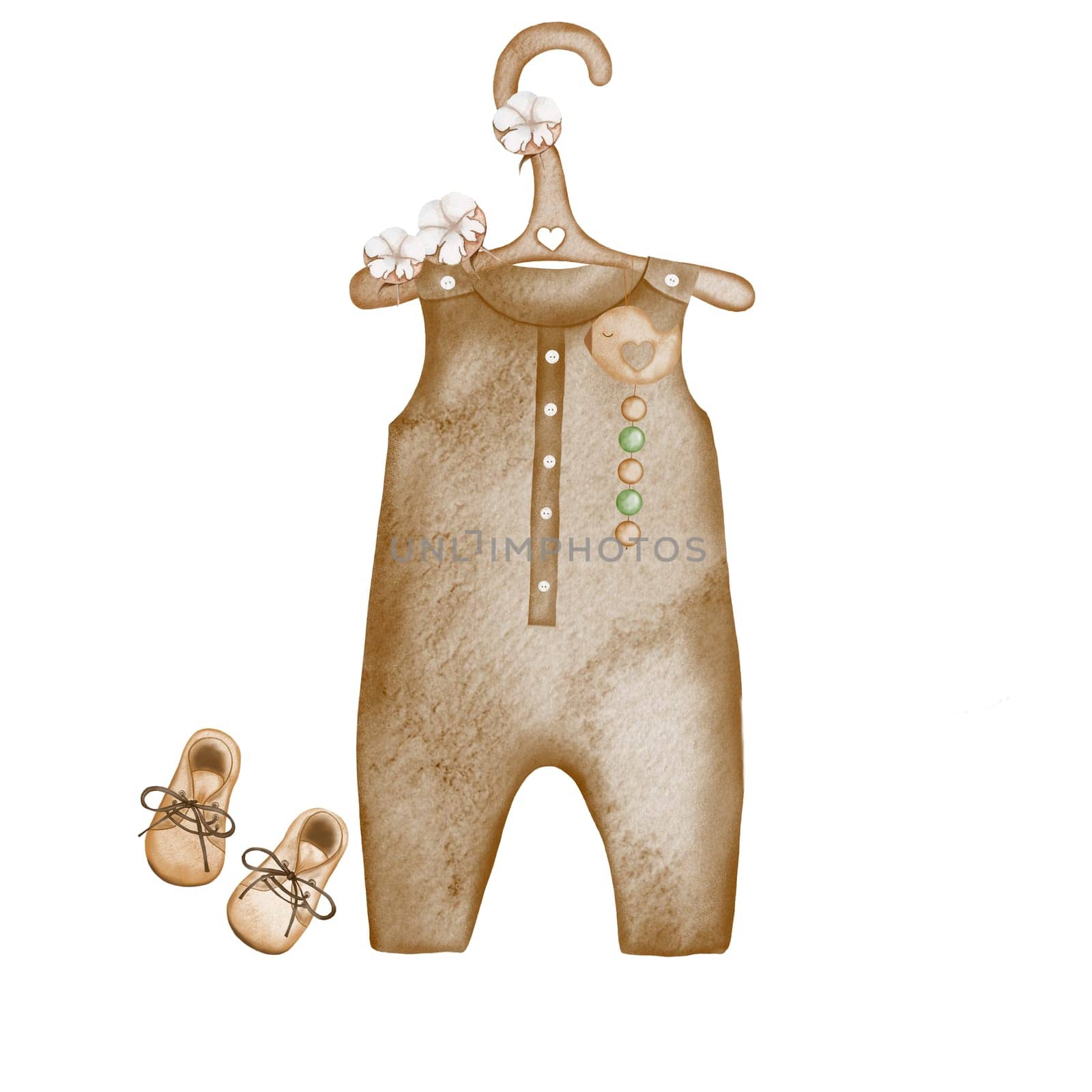 Cute watercolor drawing of newborn baby bodysuit and little shoes, cotton flowers wooden hanger and rattle. Pretty template for baby shower and birth invitations. High quality illustration