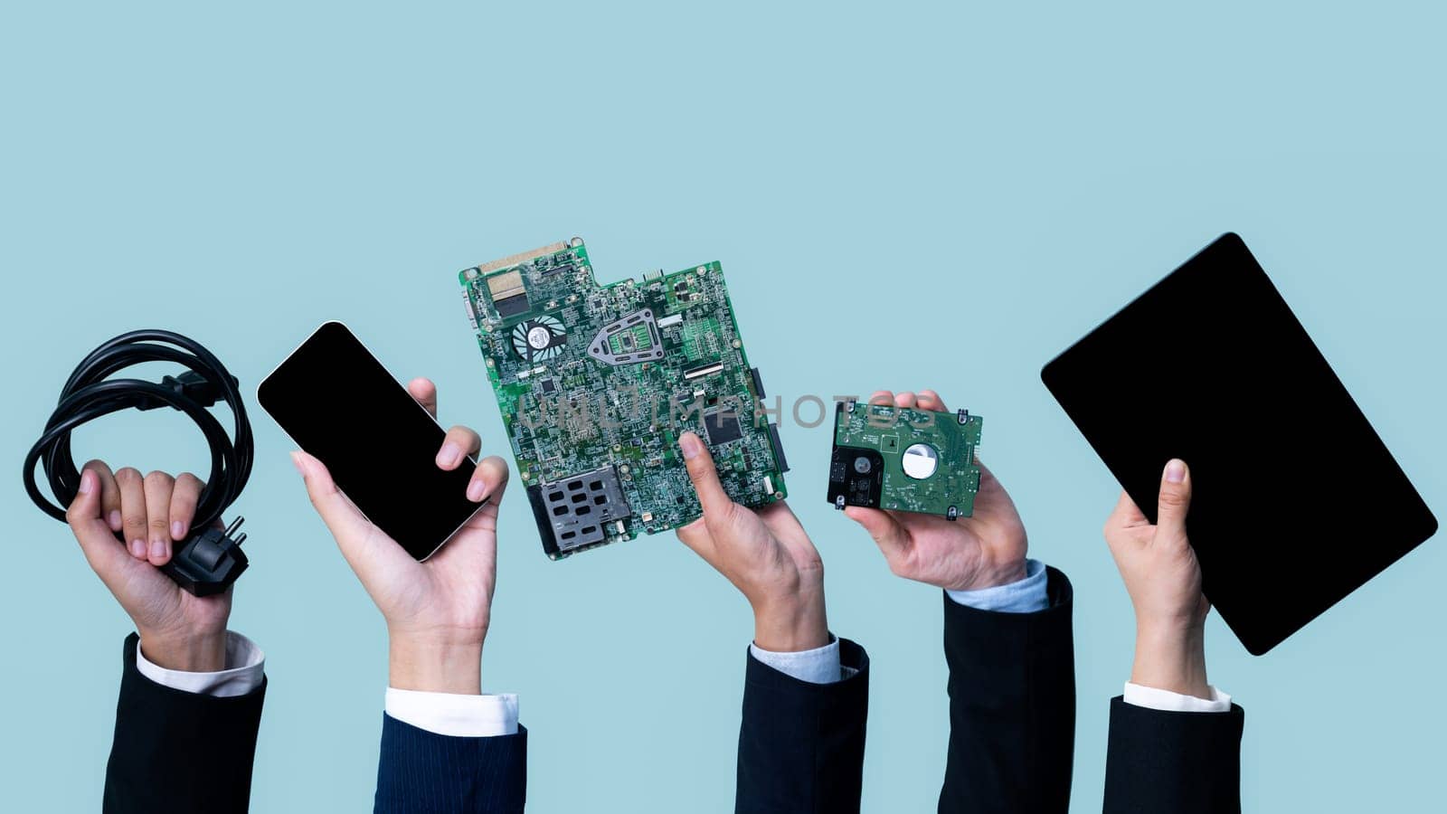 Panoramic banner hand holding electronic waste on isolated background. Eco-business recycle waste policy in corporate responsibility. Reuse, reduce and recycle for sustainability environment. Quaint