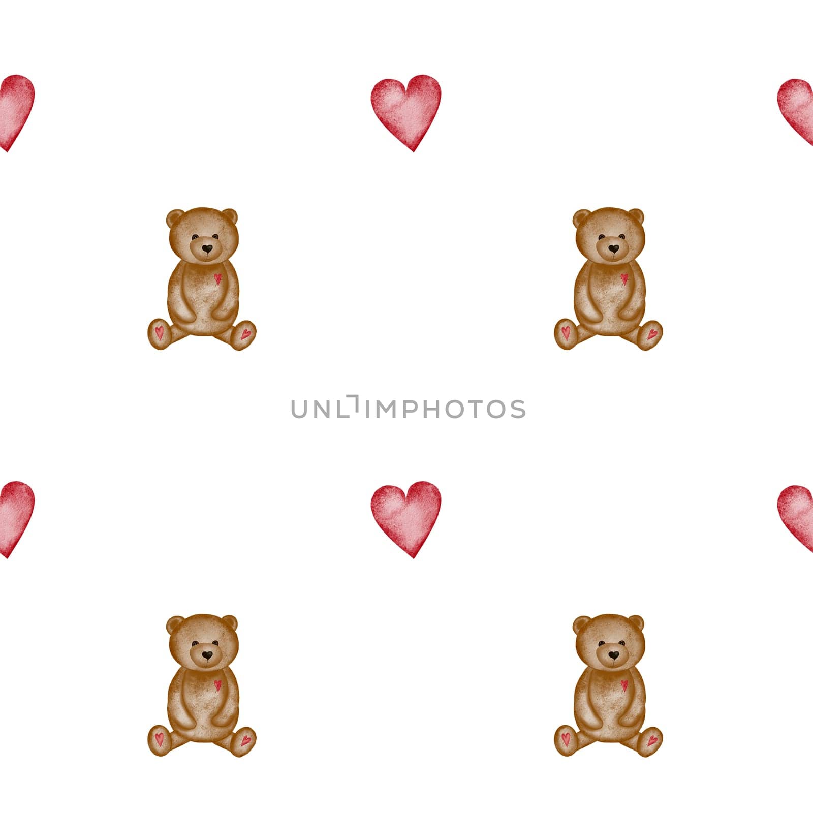 Adoreable watercolor seamless pattern teddy bear with red hearts. Cute print for wrapping paper and phone cases. High quality illustration