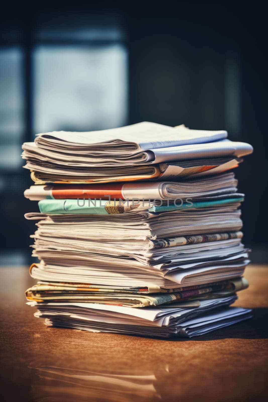 Tall stack of file folders, each filled with paperwork. ai generated