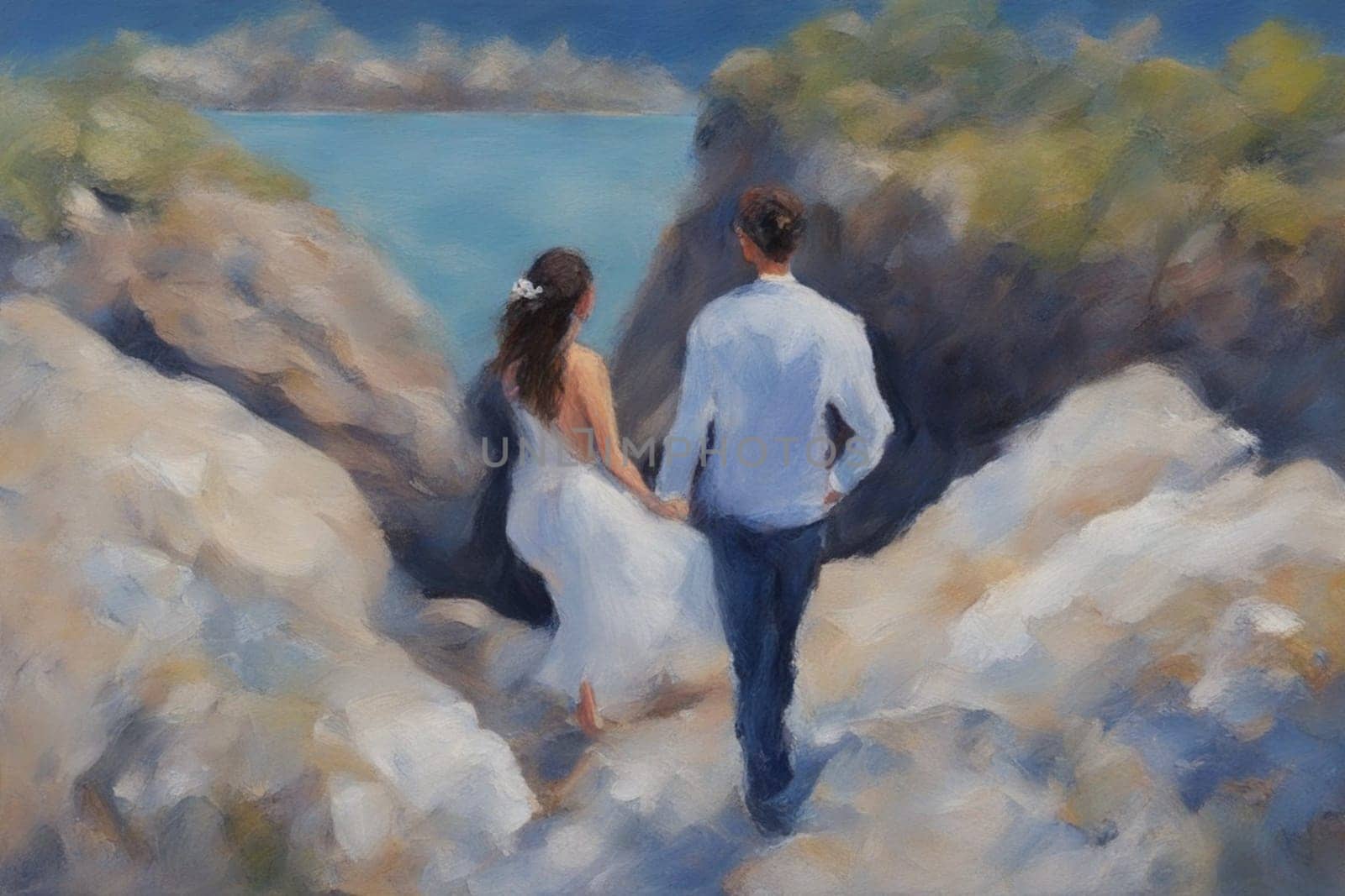 heterosexual couple walking by hand in the beach, romantic valentine painting illustration by verbano