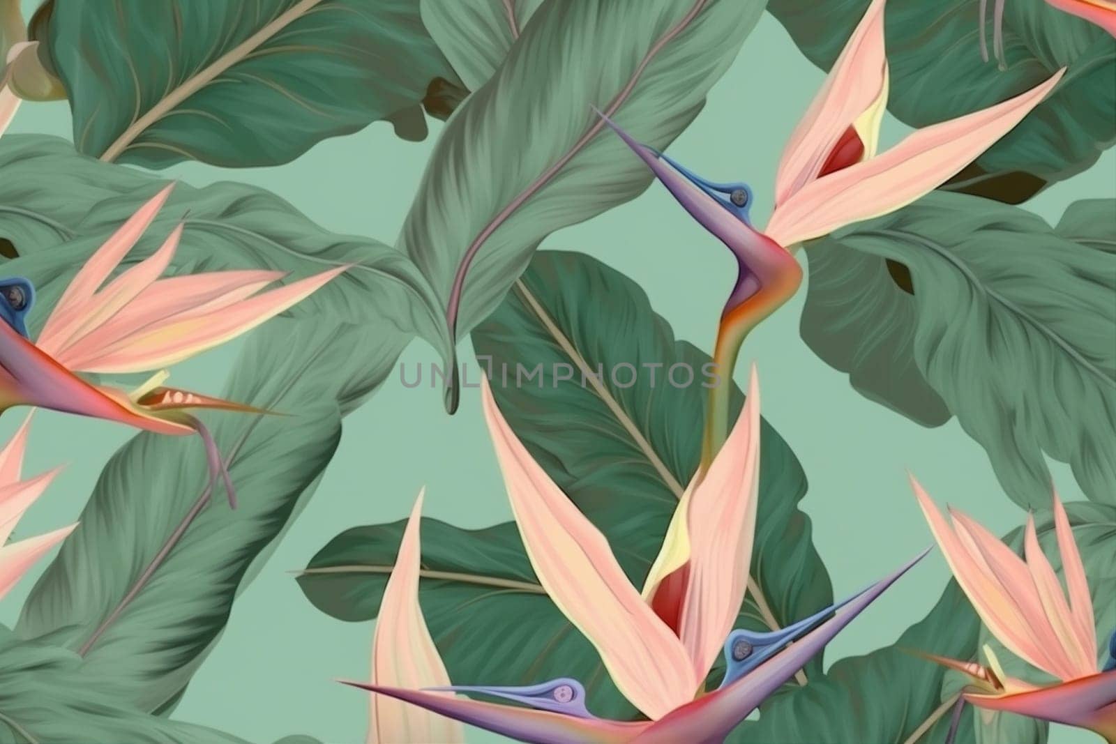 trendy hawaiian pattern beach print pink hawaii garden seamless nature orange beauty colorful tropical green leaf blossom flower jungle watercolor. Generative AI.