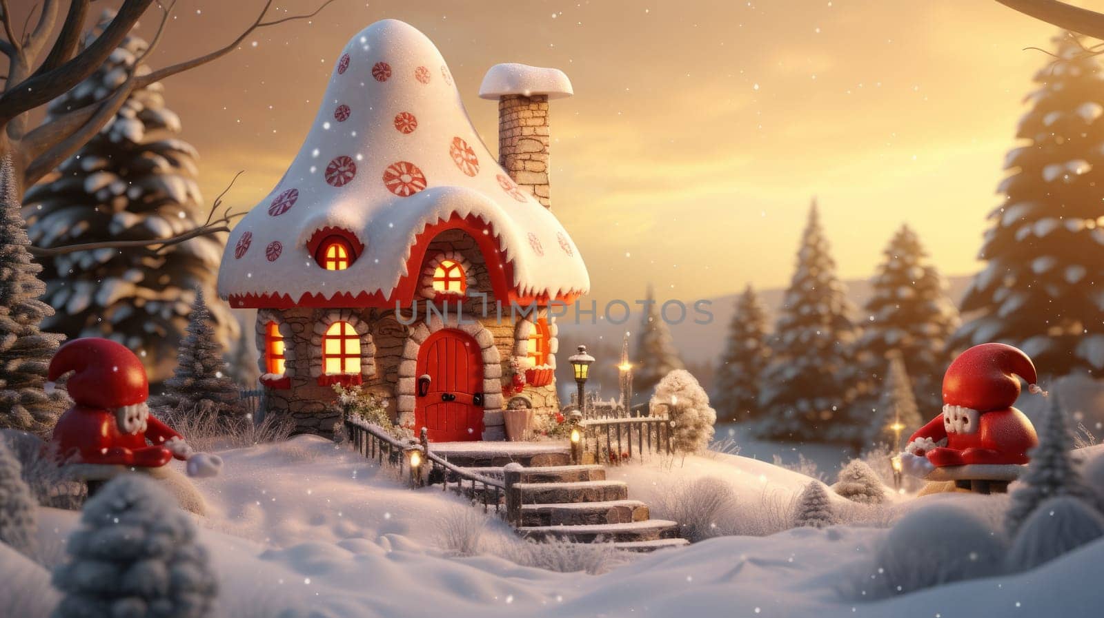 Winter snowy panoramic landscape with a cozy family home. Holiday greeting card snowy street and cute Christmas house. Christmas and New Year holiday concept, AI