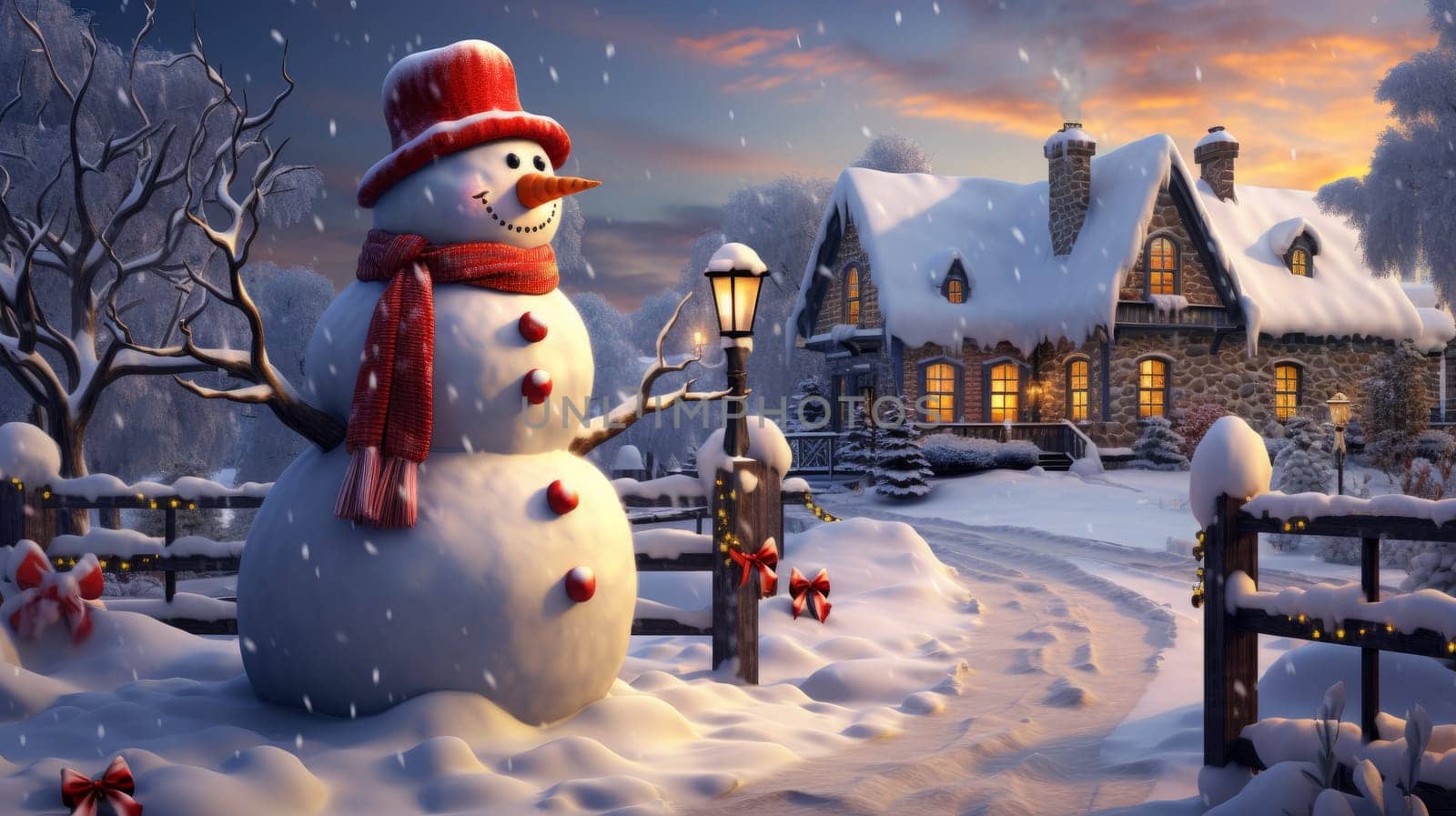 Winter landscape with snowman and cozy family house, AI by but_photo