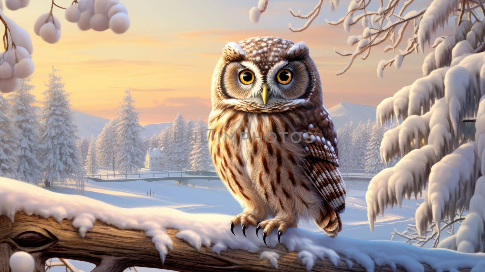 Winter landscape cartoon owl in front of a forest, cozy atmosphere of Christmas and New Year, holiday winter greeting card AI