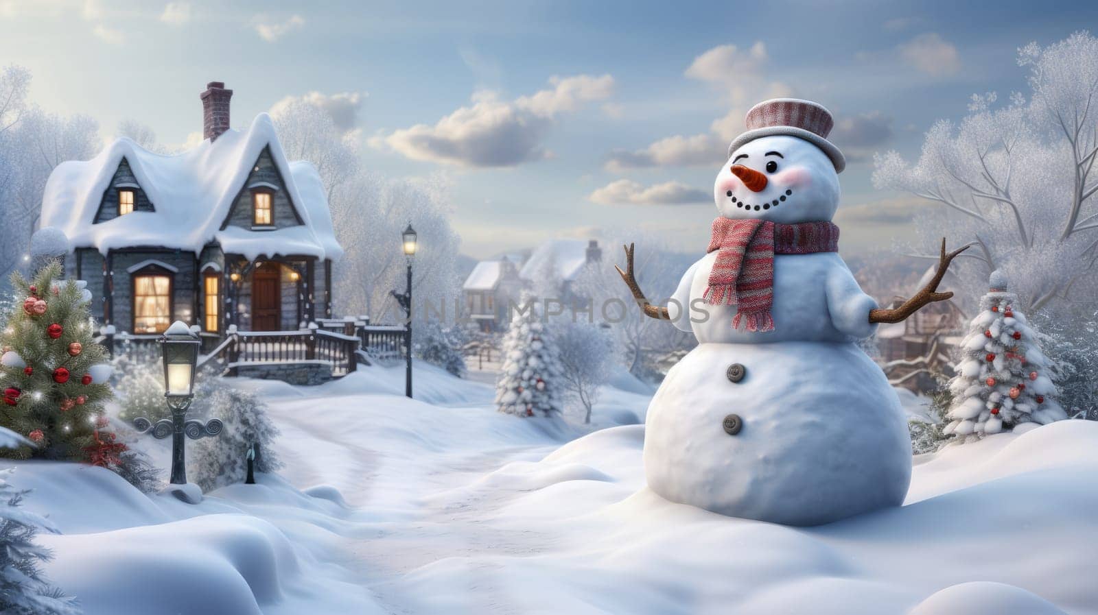 Cartoon postcard snowman in front of a snow-covered house, cozy atmosphere of the family holidays of Christmas and New Year, holiday winter greeting card AI