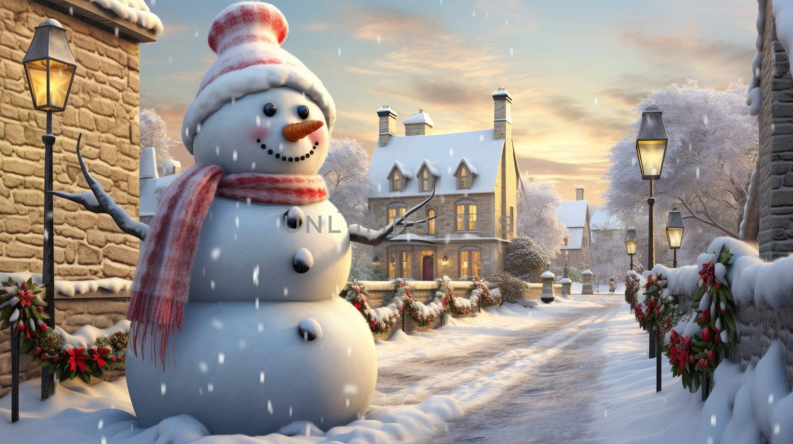 Cartoon postcard snowman in front of a snow-covered house, cozy atmosphere of the family holidays of Christmas and New Year, holiday winter greeting card AI